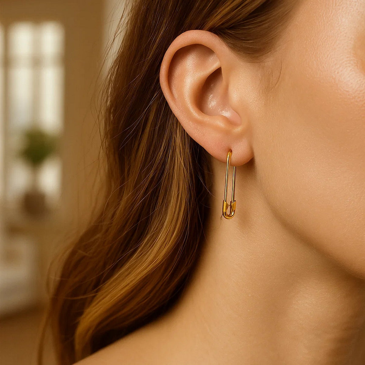14K Yellow Gold Safety Pin Earrings, view 2