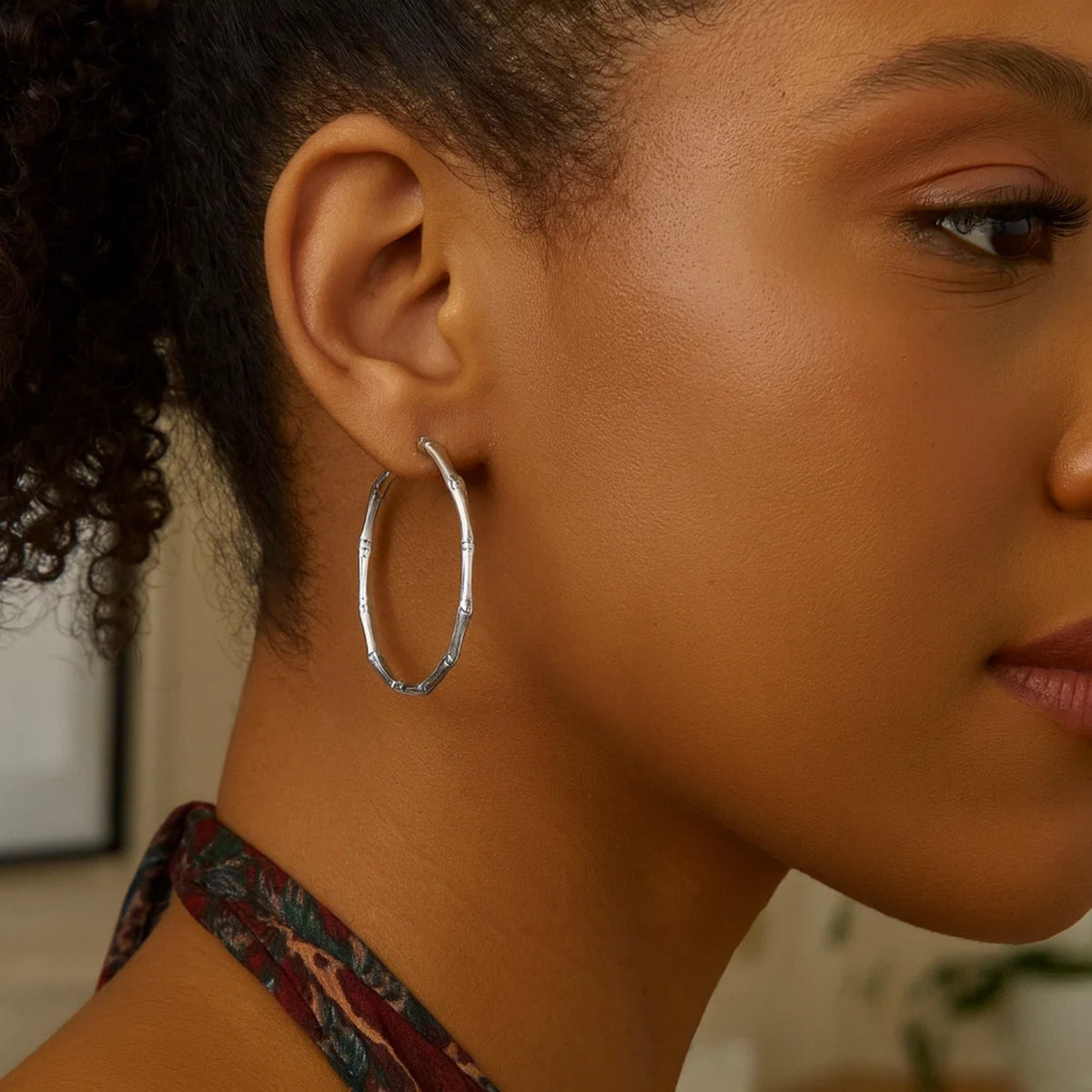 Sterling Silver Rhodium Plated Bamboo Hoop Earrings, view 2