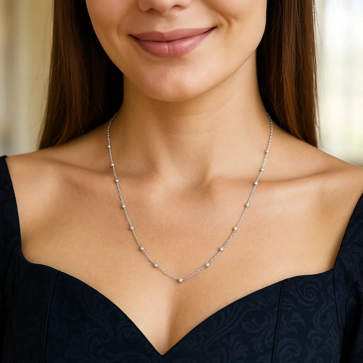 14K White Gold Saturn Bead Chain Necklace, view 3