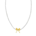 14K Yellow Gold Bow and Pearl Necklace, view 2