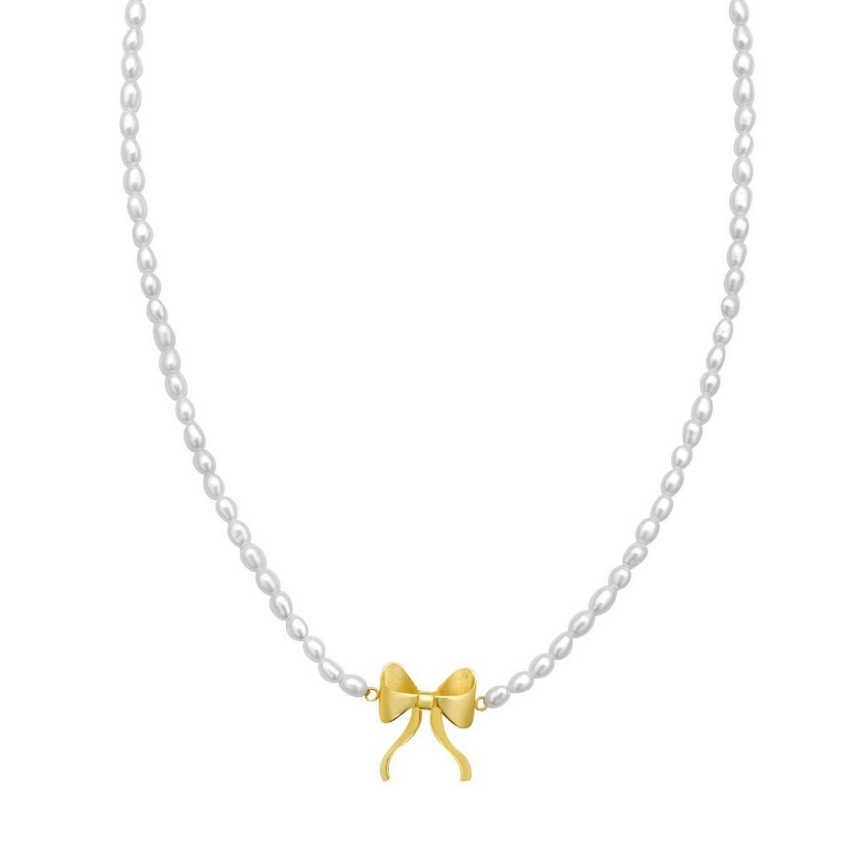 14K Yellow Gold Bow and Pearl Necklace, view 2