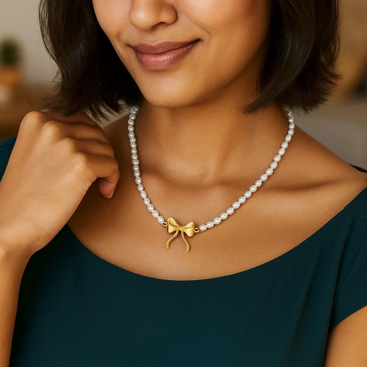 14K Yellow Gold Bow and Pearl Necklace, view 6