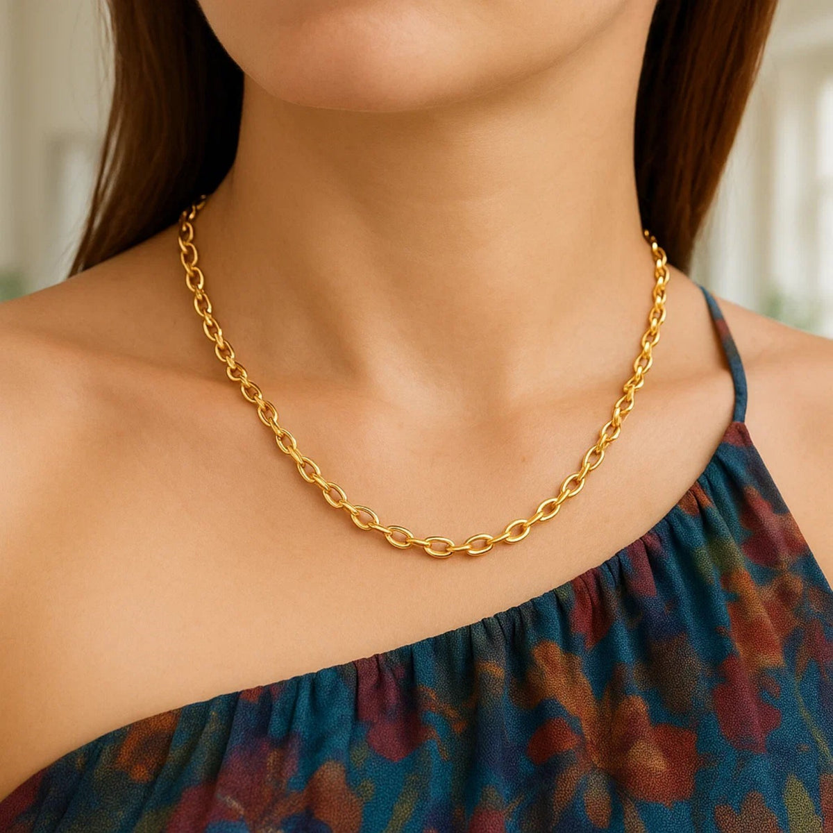 14K Yellow Gold Charm Link Cable Chain Necklace (3.30 mm), view 3