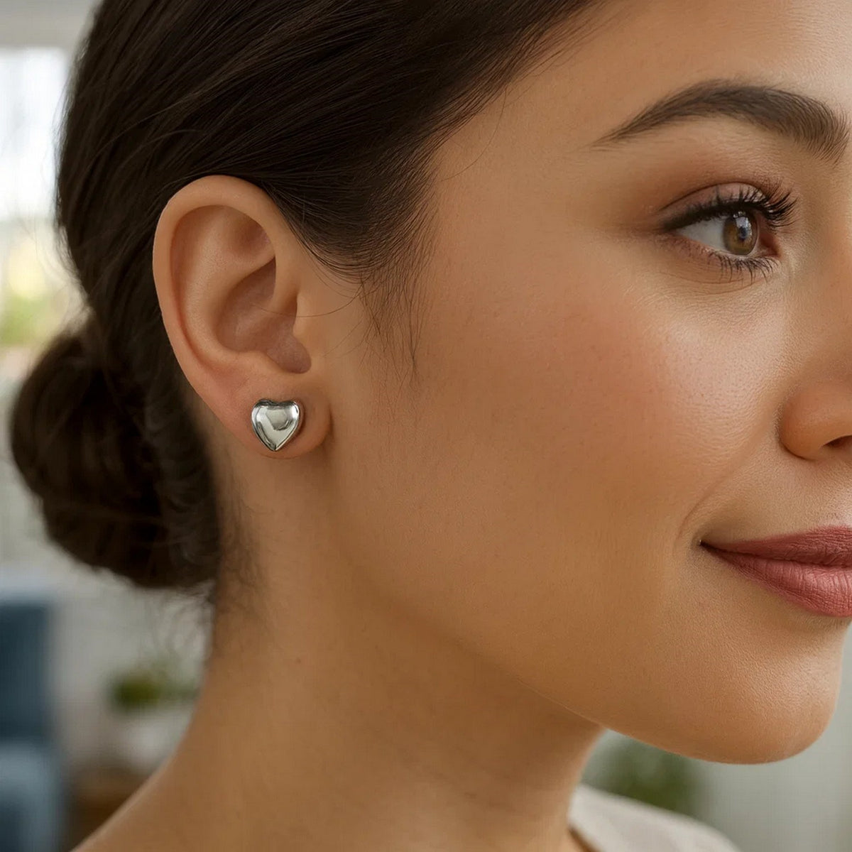 Sterling Silver Rhodium Plated Puffed Small Heart Stud Earrings, view 5