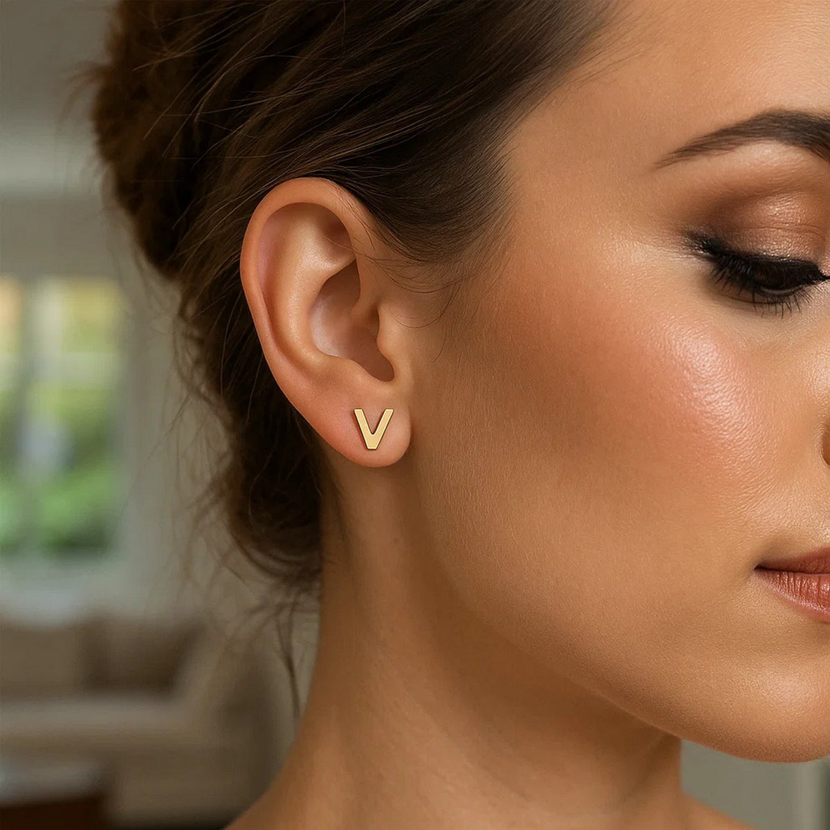 14K Yellow Gold Yours Truly Initial V Stud Earrings, view 3