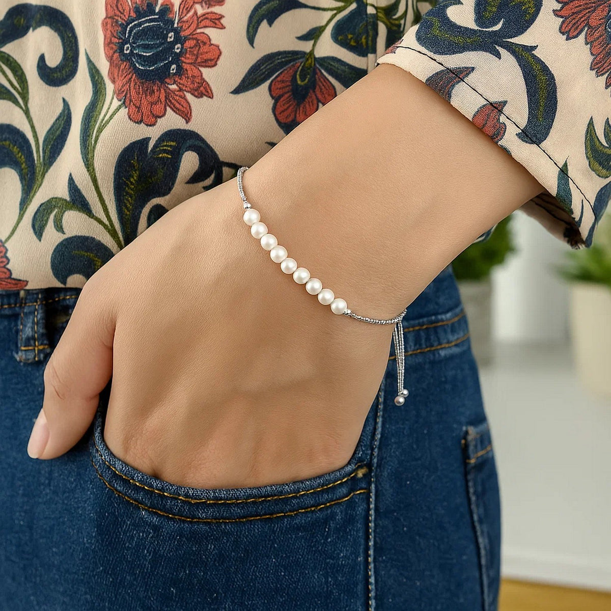 Sterling Silver Rhodium Plated Friendship Freshwater Pearl Drawstring Bracelet, view 4
