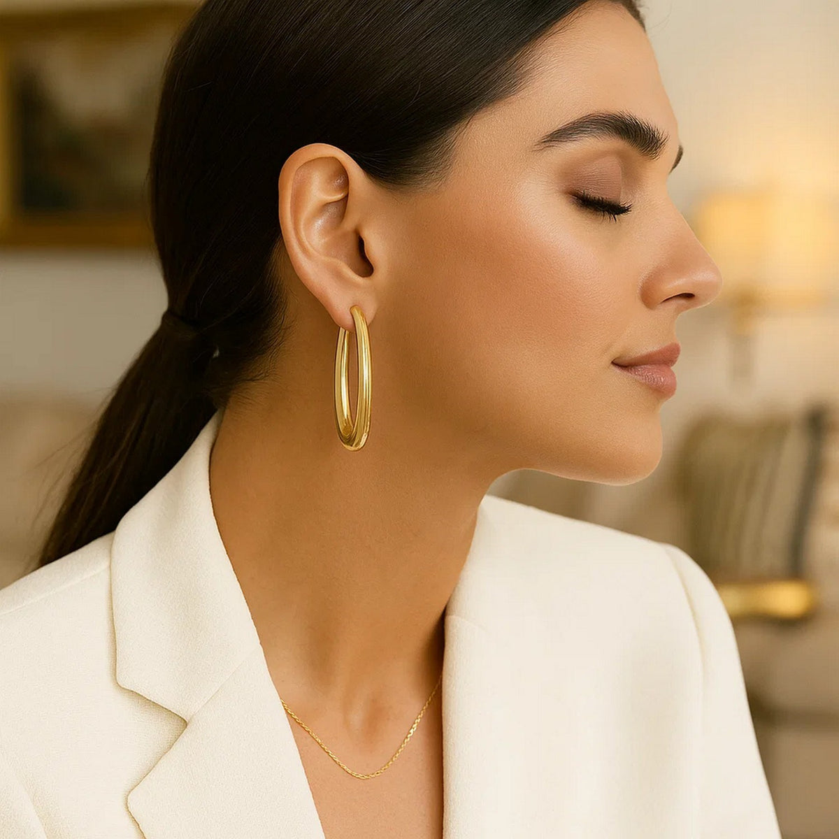 14K Yellow Gold Elongated Oval Hoops, view 3