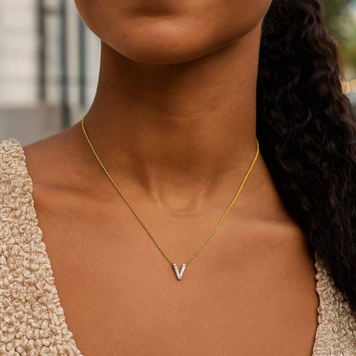 14K Yellow Gold Mini Diamond V Initial Pendant Necklace, view 6