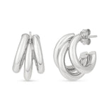 Sterling Silver Triple Barrelled Strand Hoop Earrings, view 2