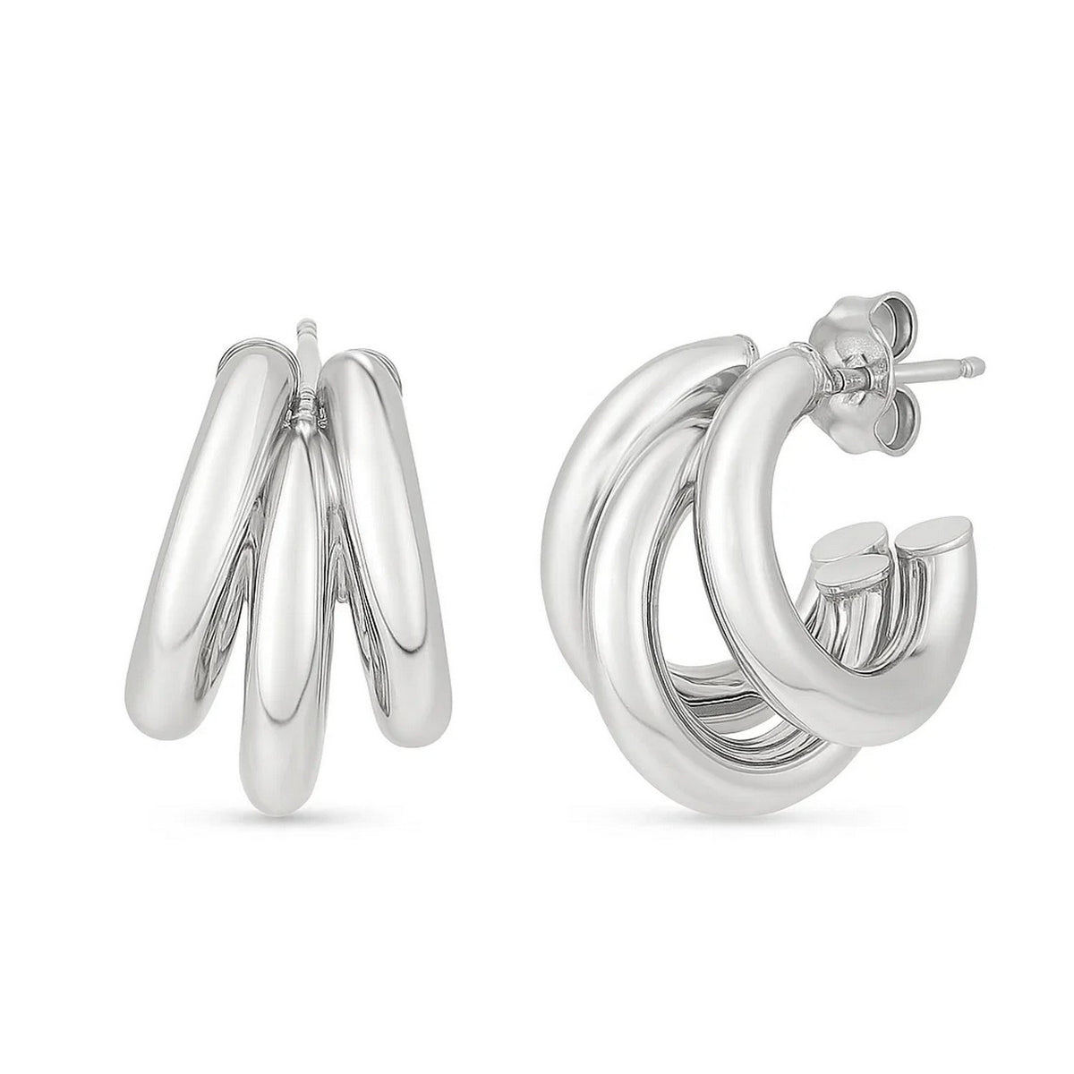 Sterling Silver Triple Barrelled Strand Hoop Earrings, view 2