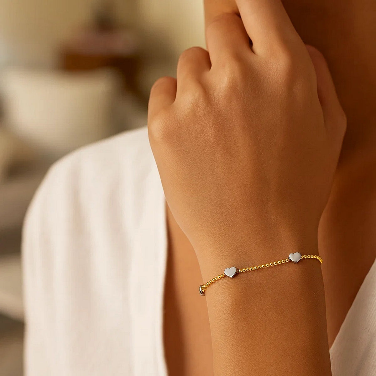 14K Yellow and White Gold Heart Bead Bracelet, view 3
