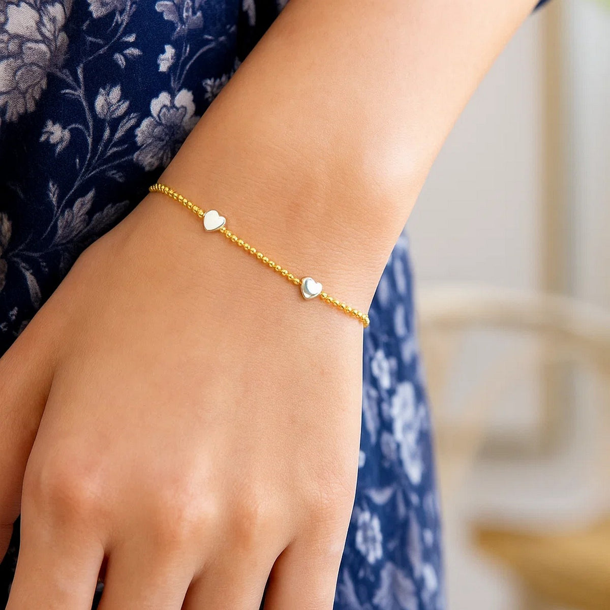 14K Yellow and White Gold Heart Bead Bracelet, view 4
