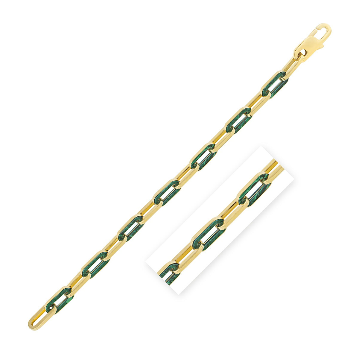14K Yellow Gold Malachite Paperclip Gem Link Bracelet (7.00 mm)