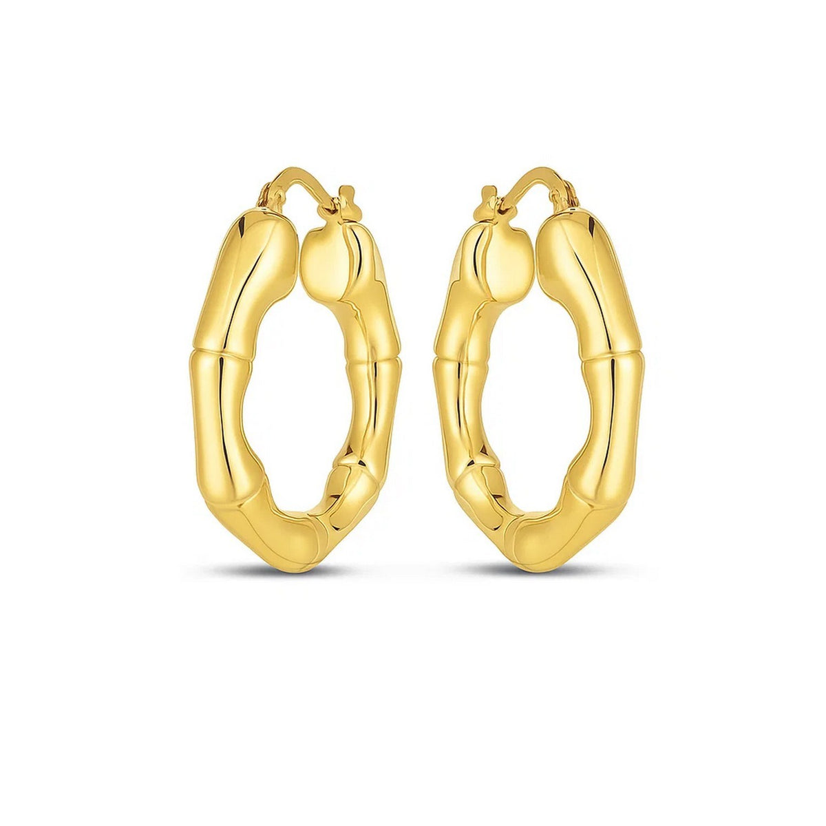 14K Yellow Gold Medium Bamboo Hoop Earrings, view 2