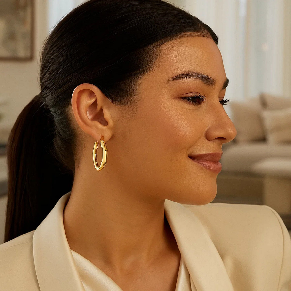14K Yellow Gold Medium Bamboo Hoop Earrings, view 4