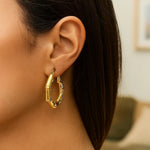 14K Yellow Gold Medium Bamboo Hoop Earrings, view 5