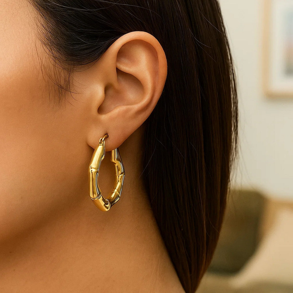 14K Yellow Gold Medium Bamboo Hoop Earrings, view 5