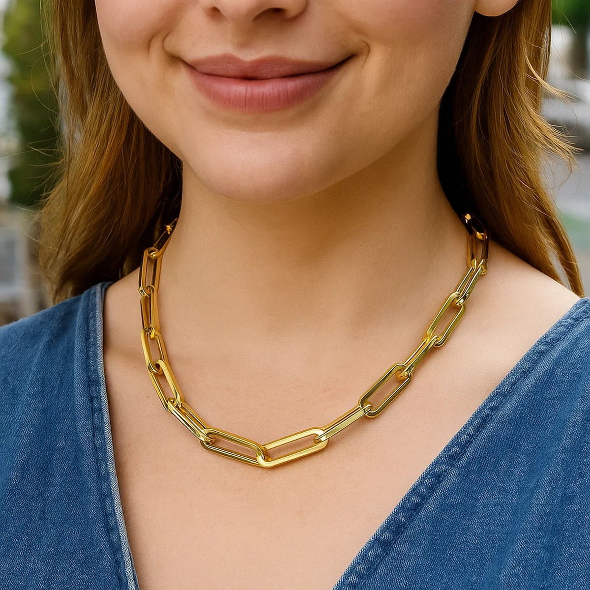 14K Yellow Gold Extra Wide Paperclip Chain Necklace, view 10