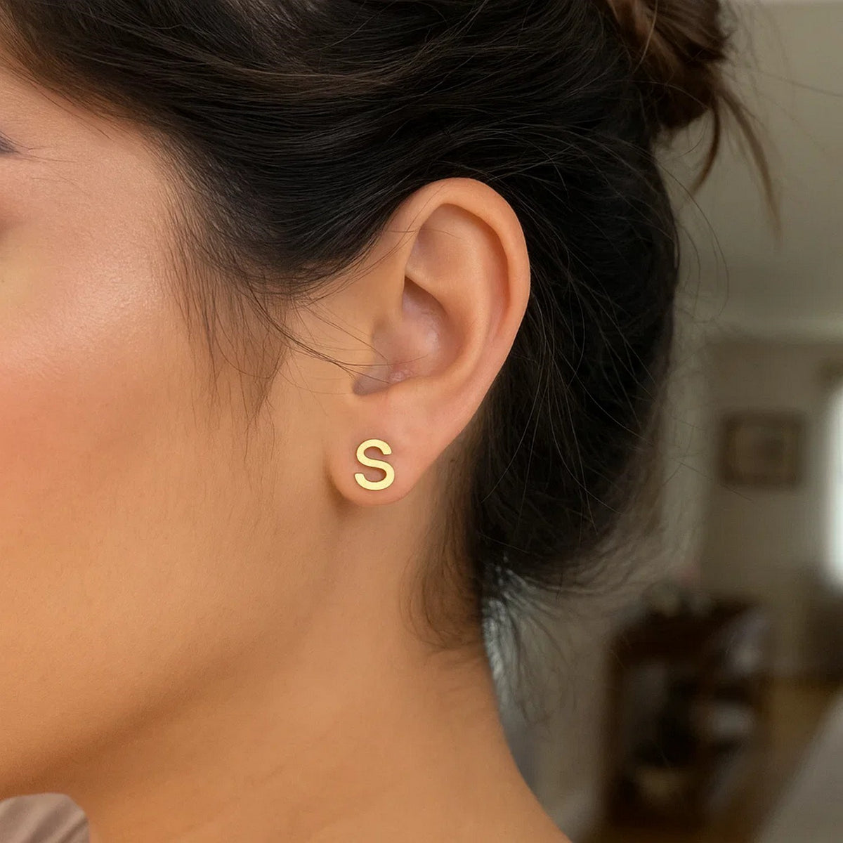14K Yellow Gold Yours Truly Initial S Stud Earrings, view 2