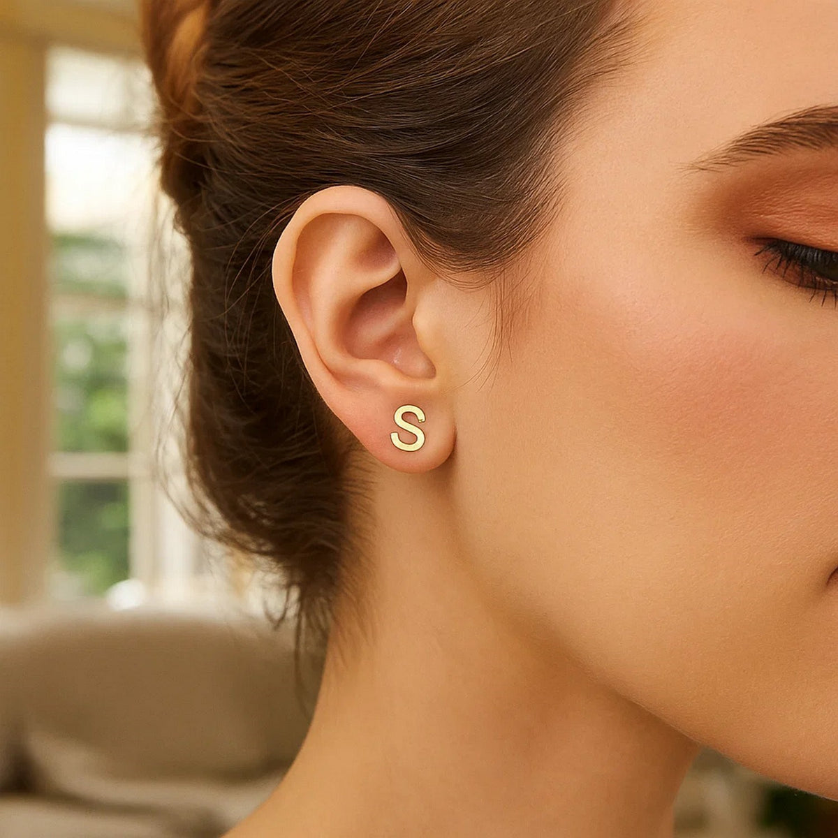 14K Yellow Gold Yours Truly Initial S Stud Earrings, view 3