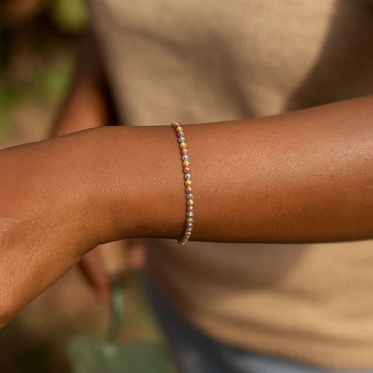 10K Yellow Gold Tricolor Diamond Cut Bead Bracelet, view 4