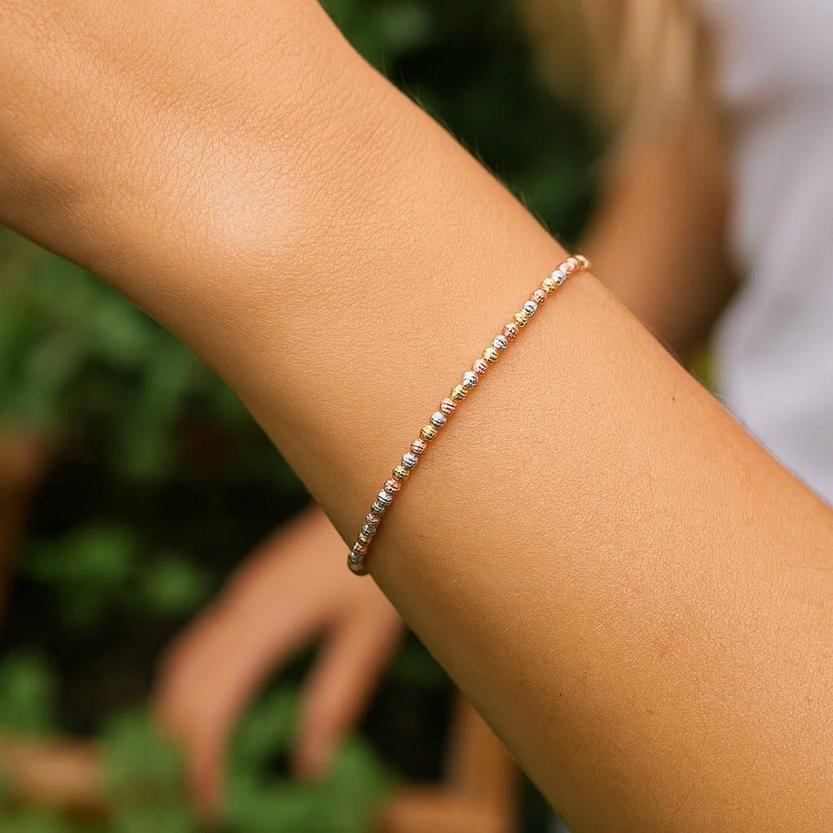 10K Yellow Gold Tricolor Diamond Cut Bead Bracelet, view 5