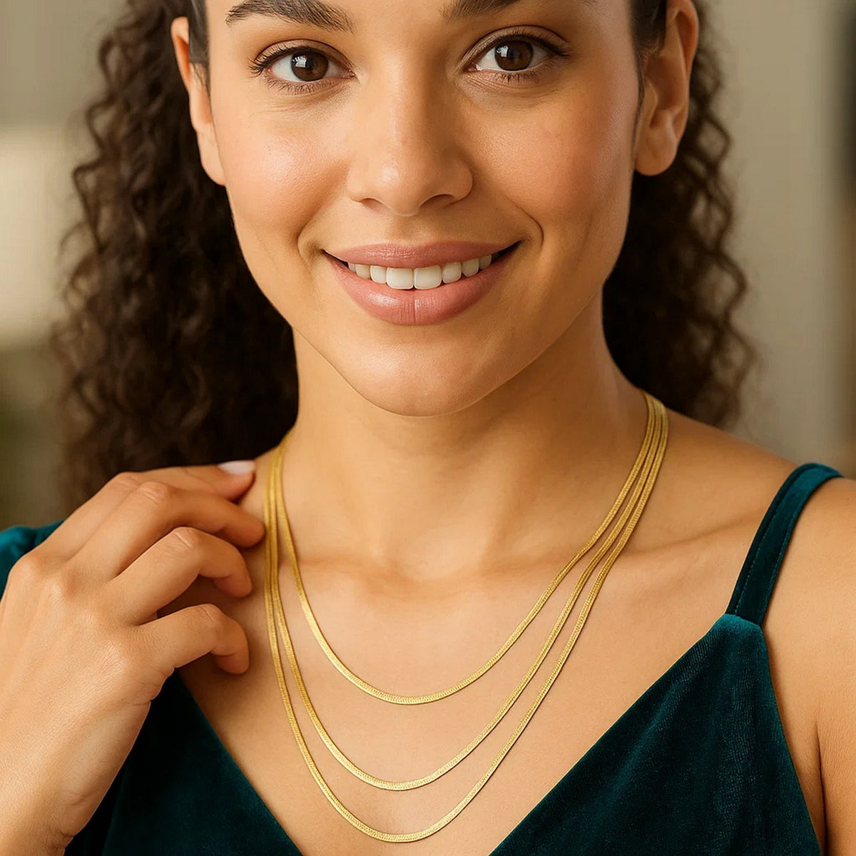 14K Yellow Gold Three Strand Herringbone Chain Necklace, view 4