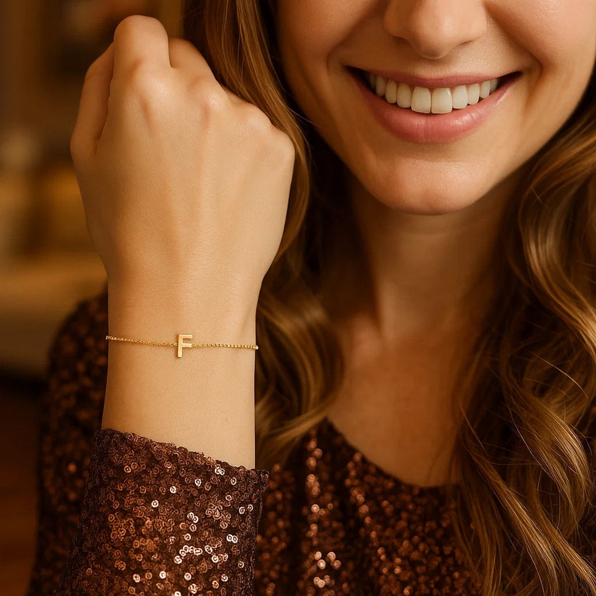 14K Yellow Gold Mini Initial F Bracelet, view 3