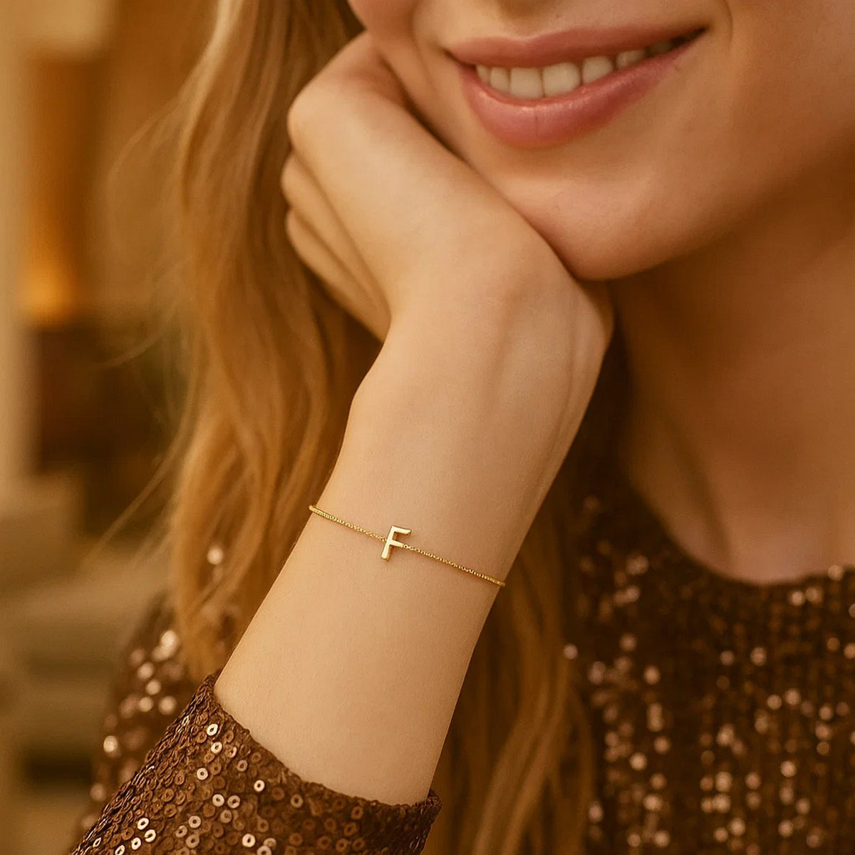14K Yellow Gold Mini Initial F Bracelet, view 5