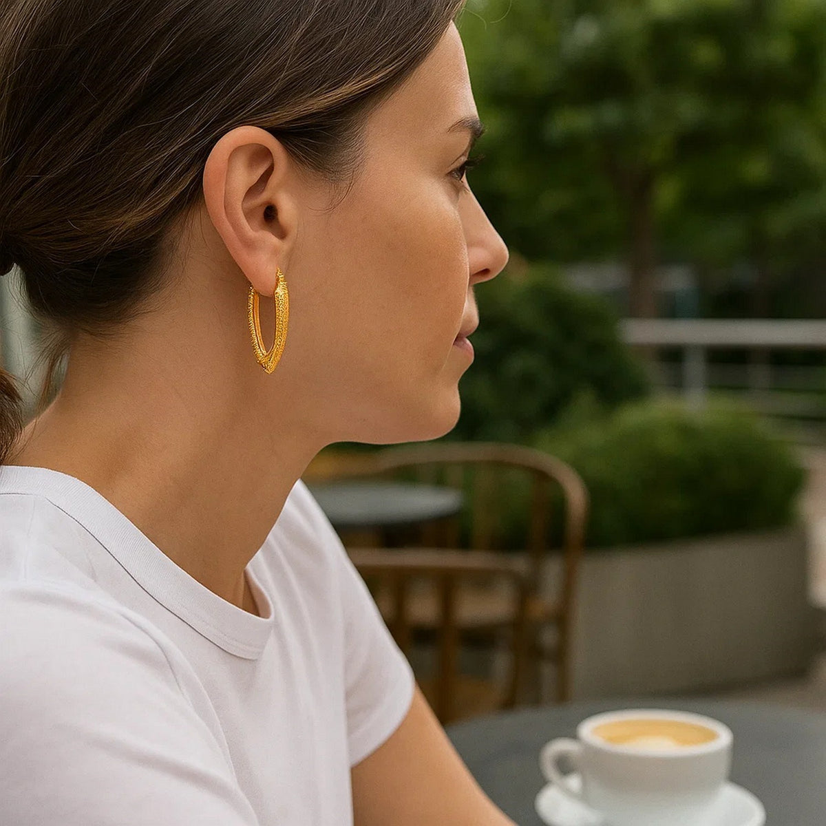 14K Yellow Gold V Shaped Puffed Hoop Earrings, view 2