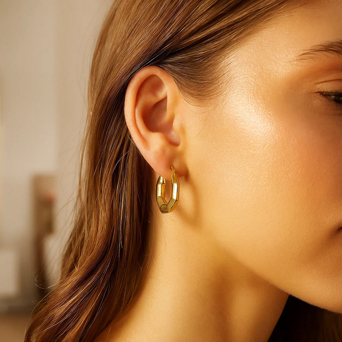 14K Yellow Gold Octagon Hoop Earrings, view 2
