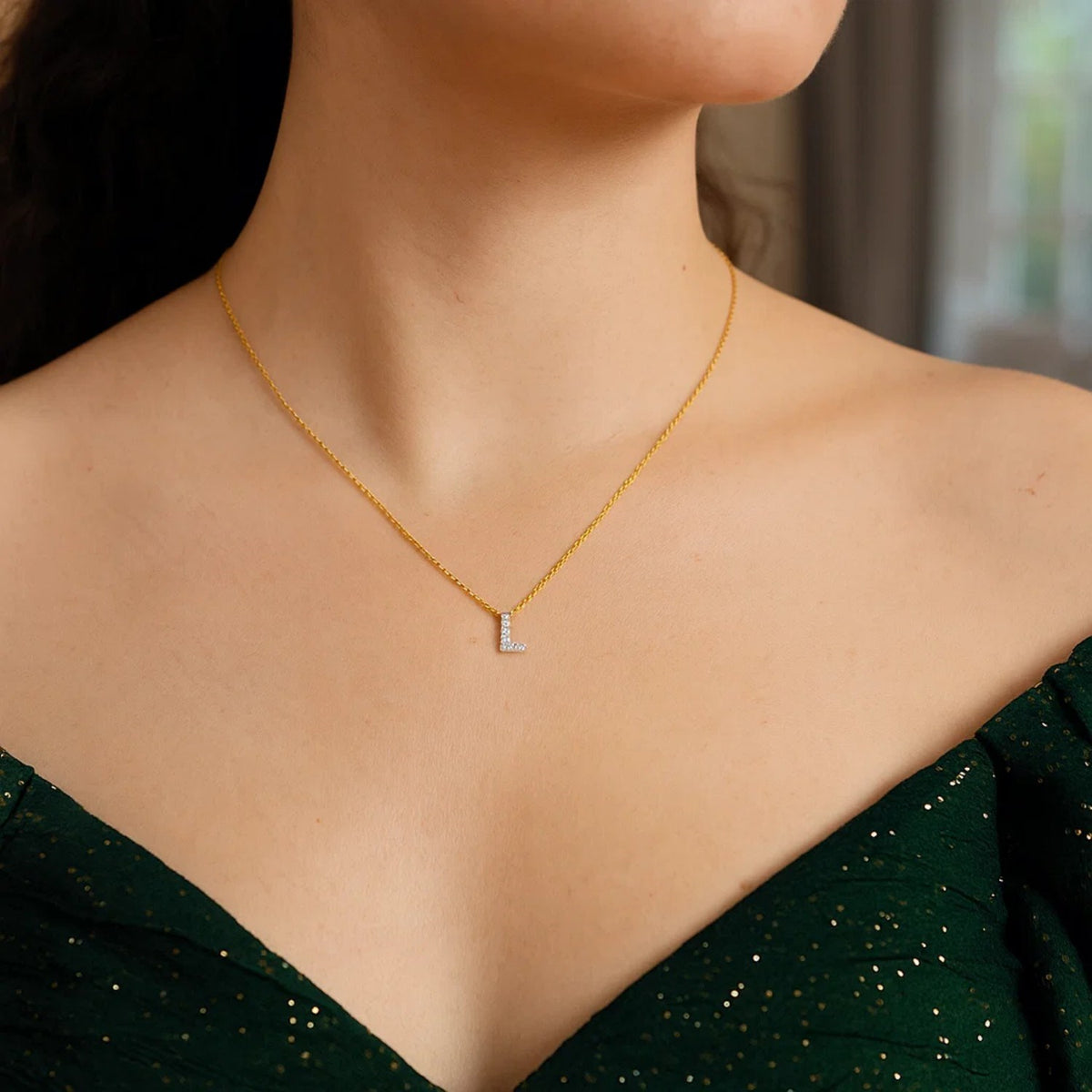 14K Yellow Gold Mini Diamond L Initial Pendant Necklace, view 5