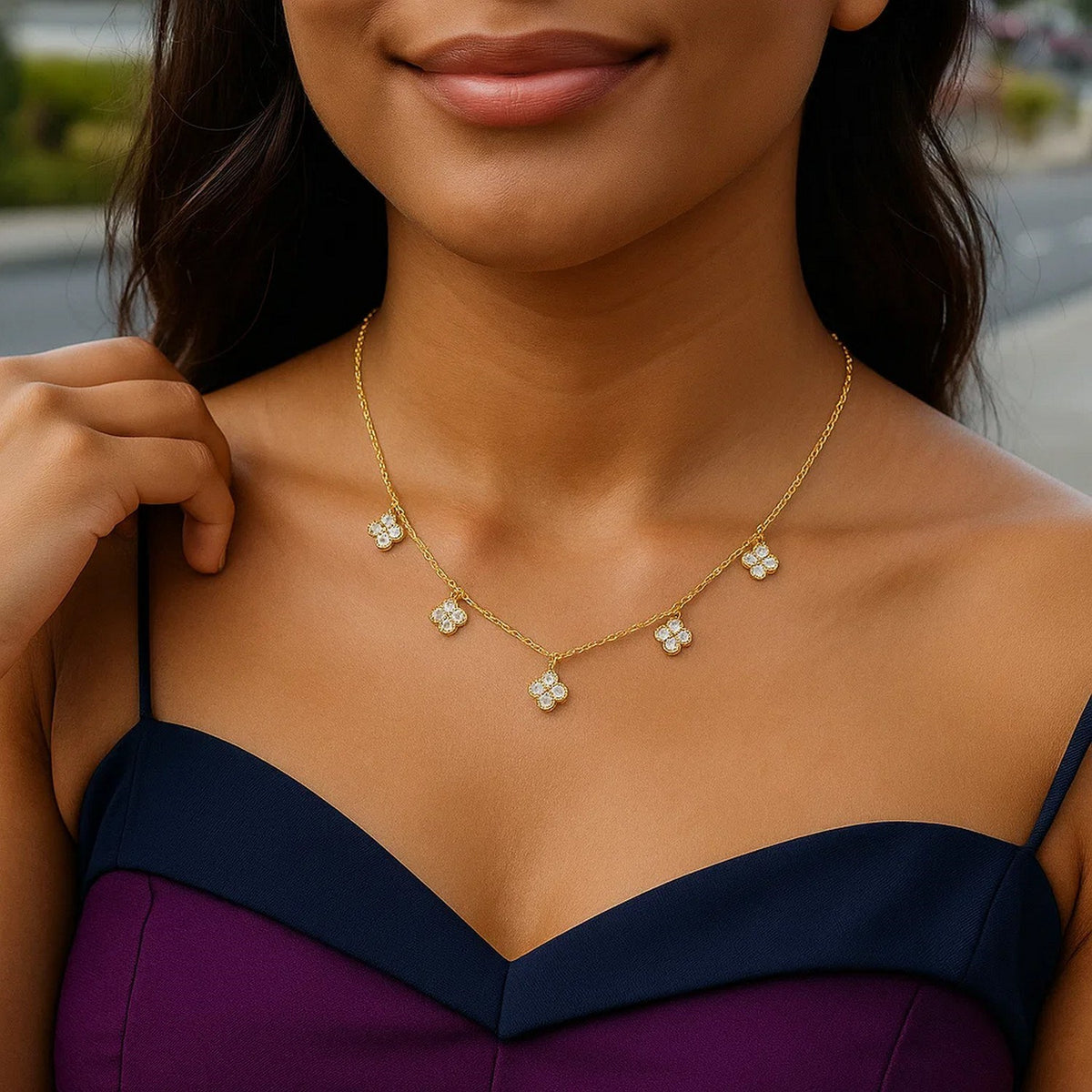 14K Yellow Gold Diamond Flower Necklace, view 4