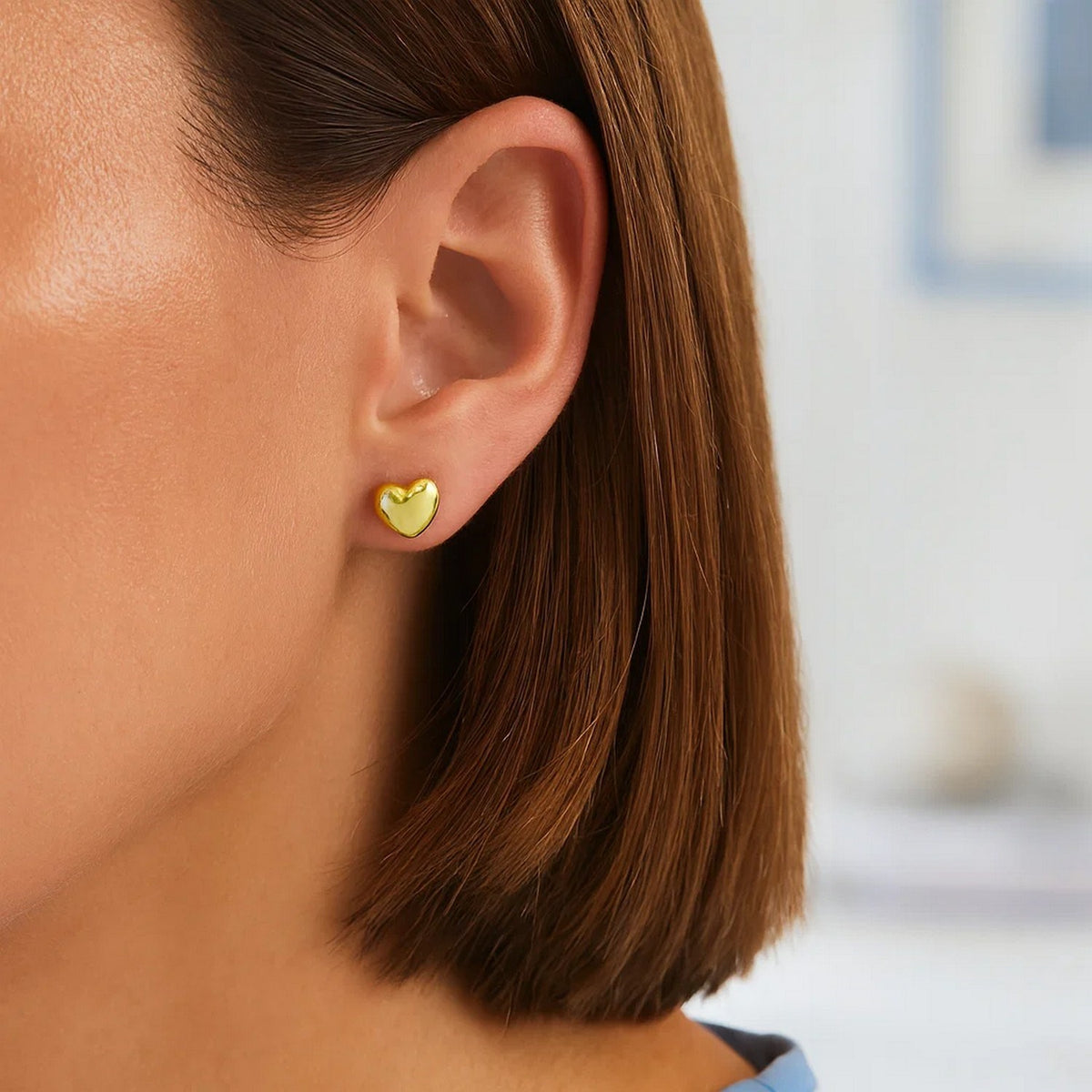 Sterling Silver Yellow Gold Plated Puffed Small Heart Stud Earrings, view 5