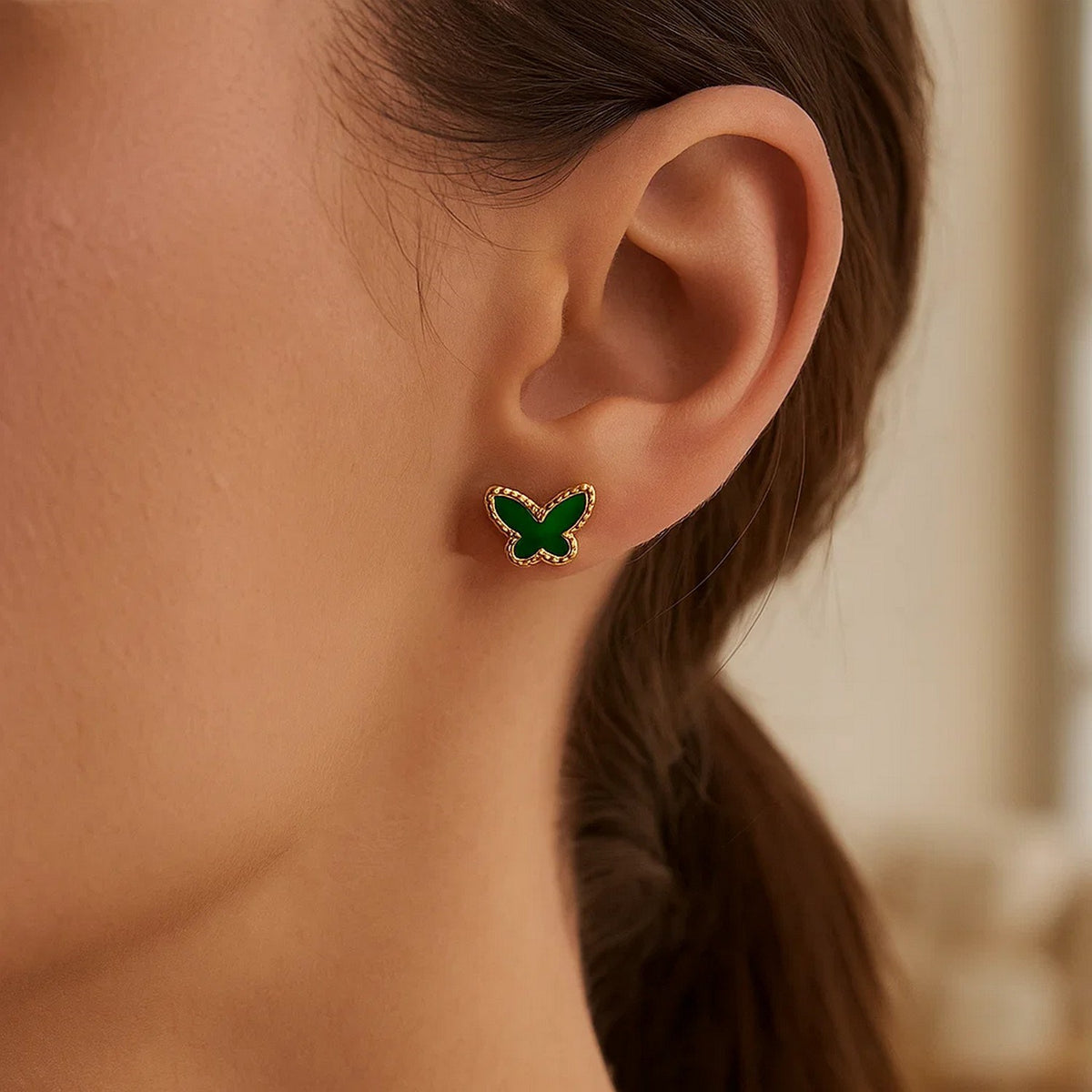 14K Yellow Gold Primavera Malachite Butterfly Stud Earrings, view 3