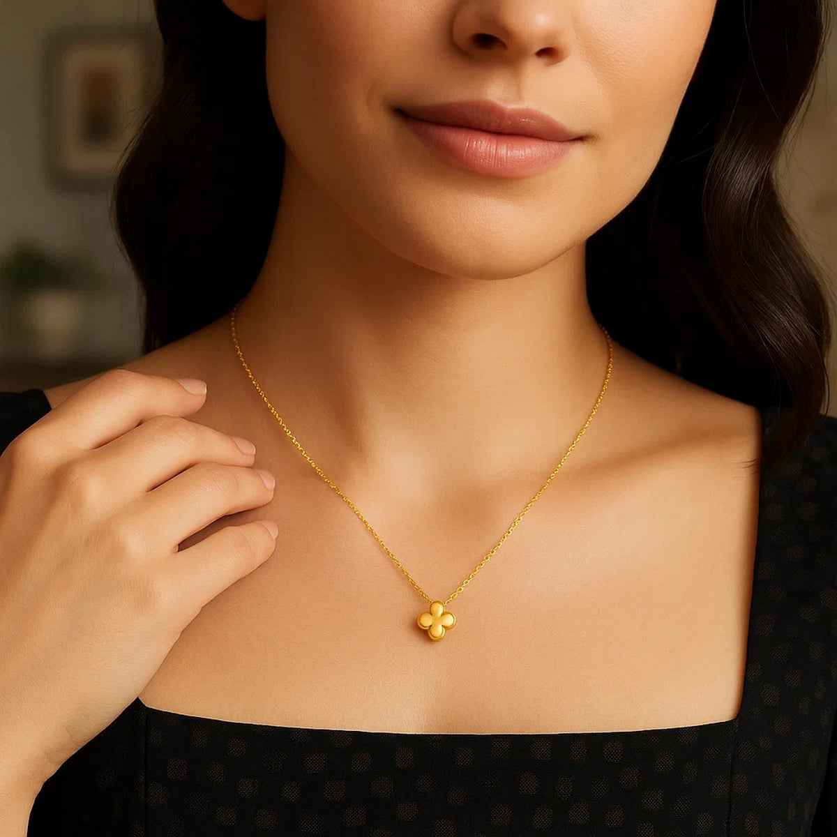 14K Yellow Gold Puffed Mini Clover Pendant Necklace, view 5