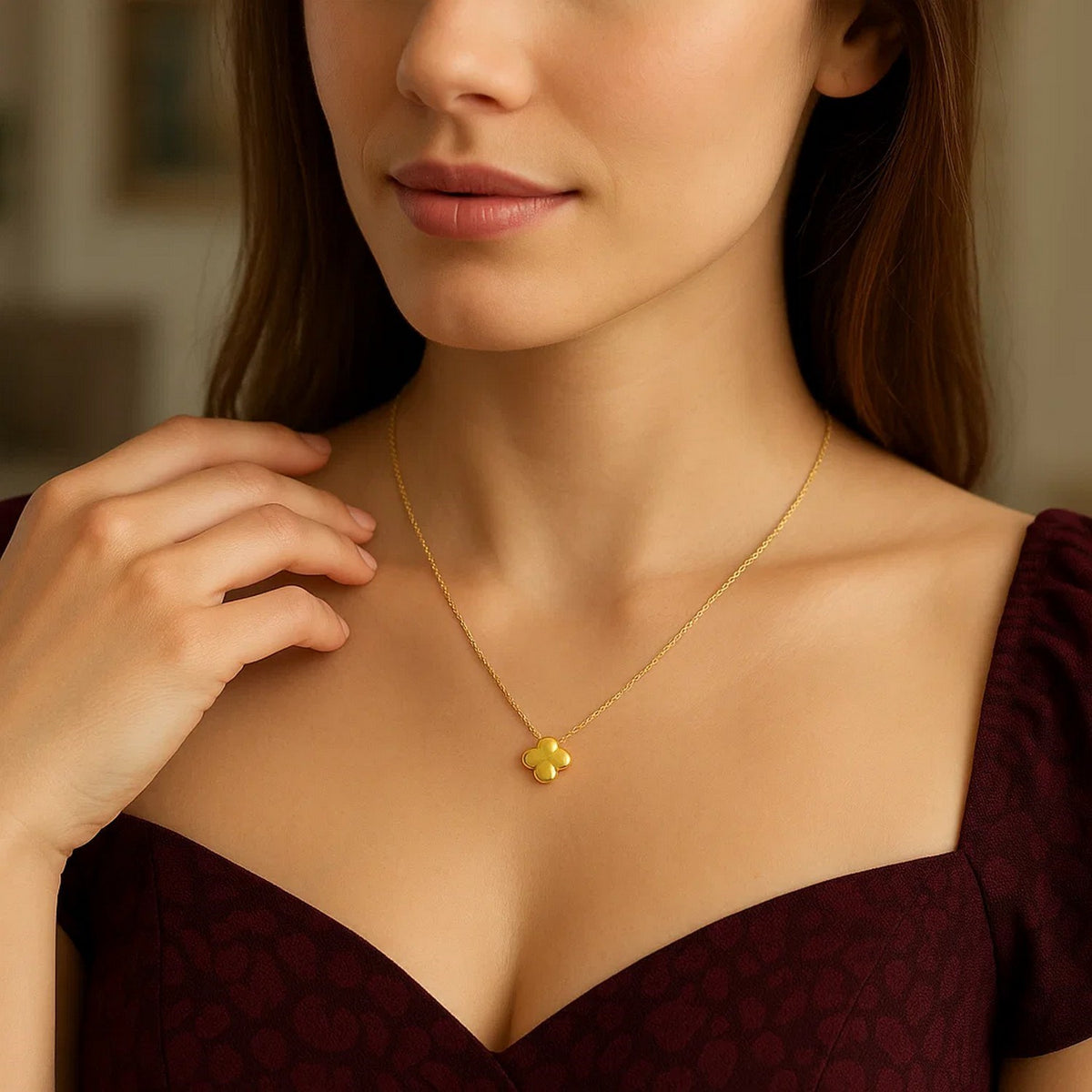 14K Yellow Gold Puffed Mini Clover Pendant Necklace, view 6