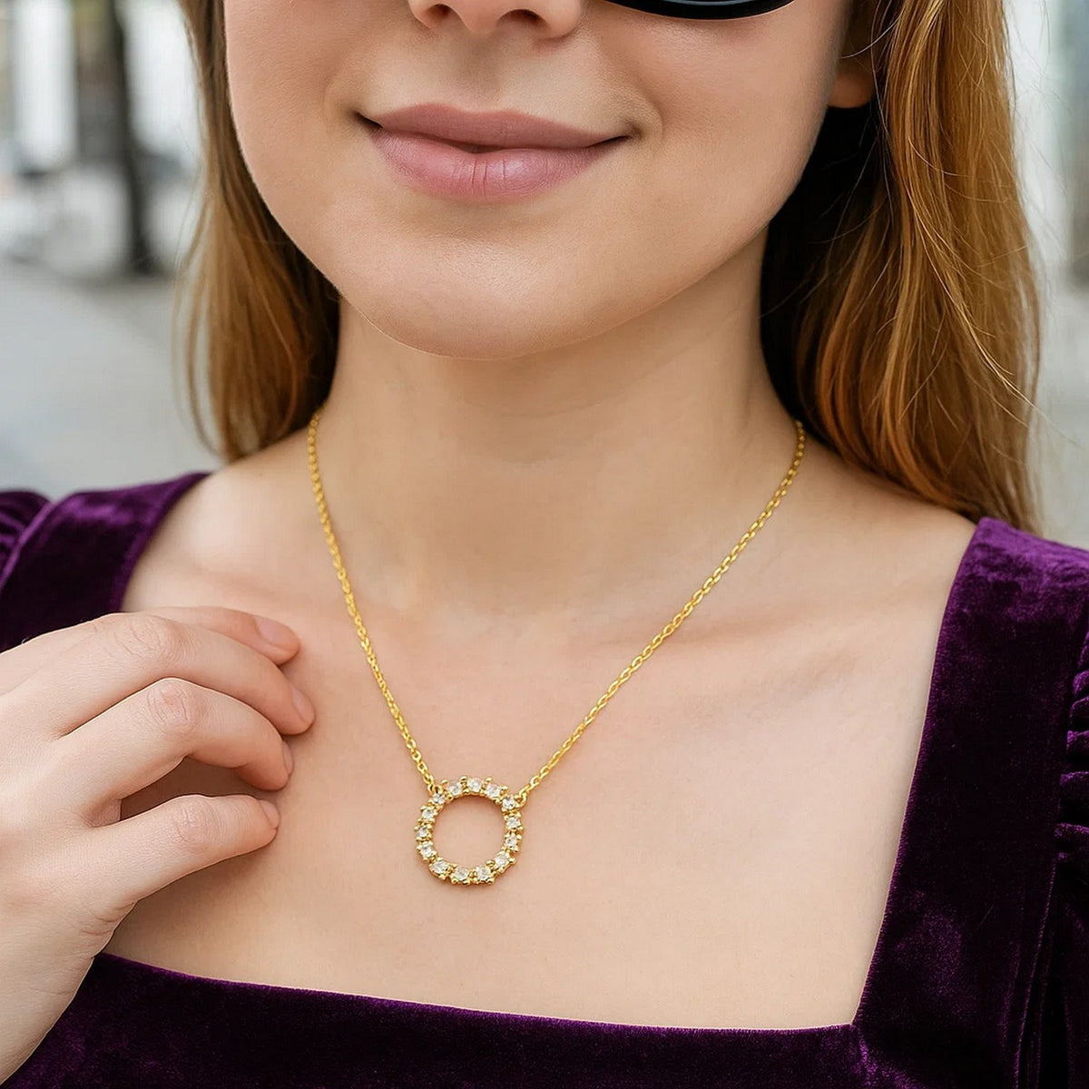 14K Yellow Gold Diamon Oro Circle Necklace, view 3