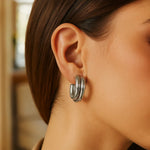 Sterling Silver Double Row Big and Small Round Hoop Earrings, view 4