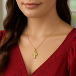 14K Yellow Gold Diamond Cut Cross Necklace, view 3