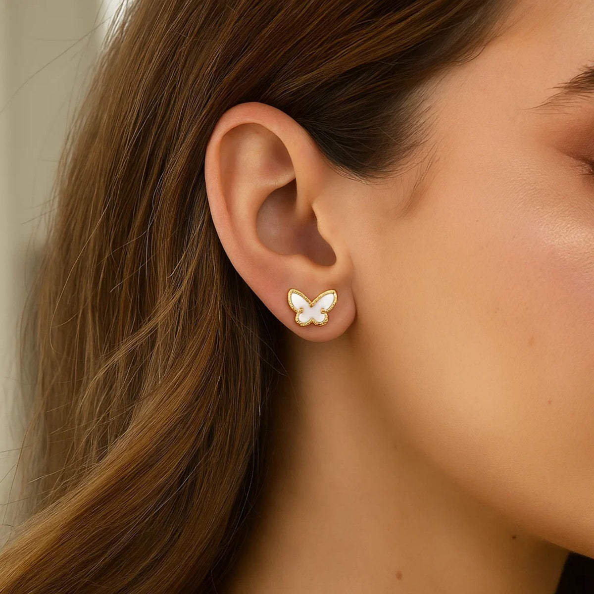 14K Yellow Gold Mother of Pearl Butterfly Stud Earrings, view 4