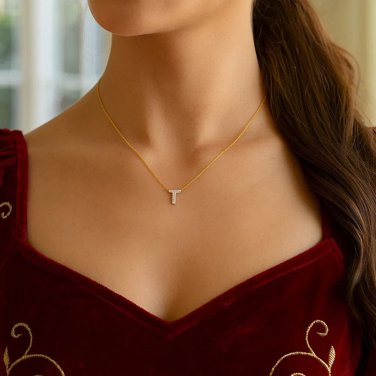 14K Yellow Gold Mini Diamond T Initial Pendant Necklace, view 4