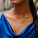 14K Yellow Gold Mini Diamond T Initial Pendant Necklace, view 5