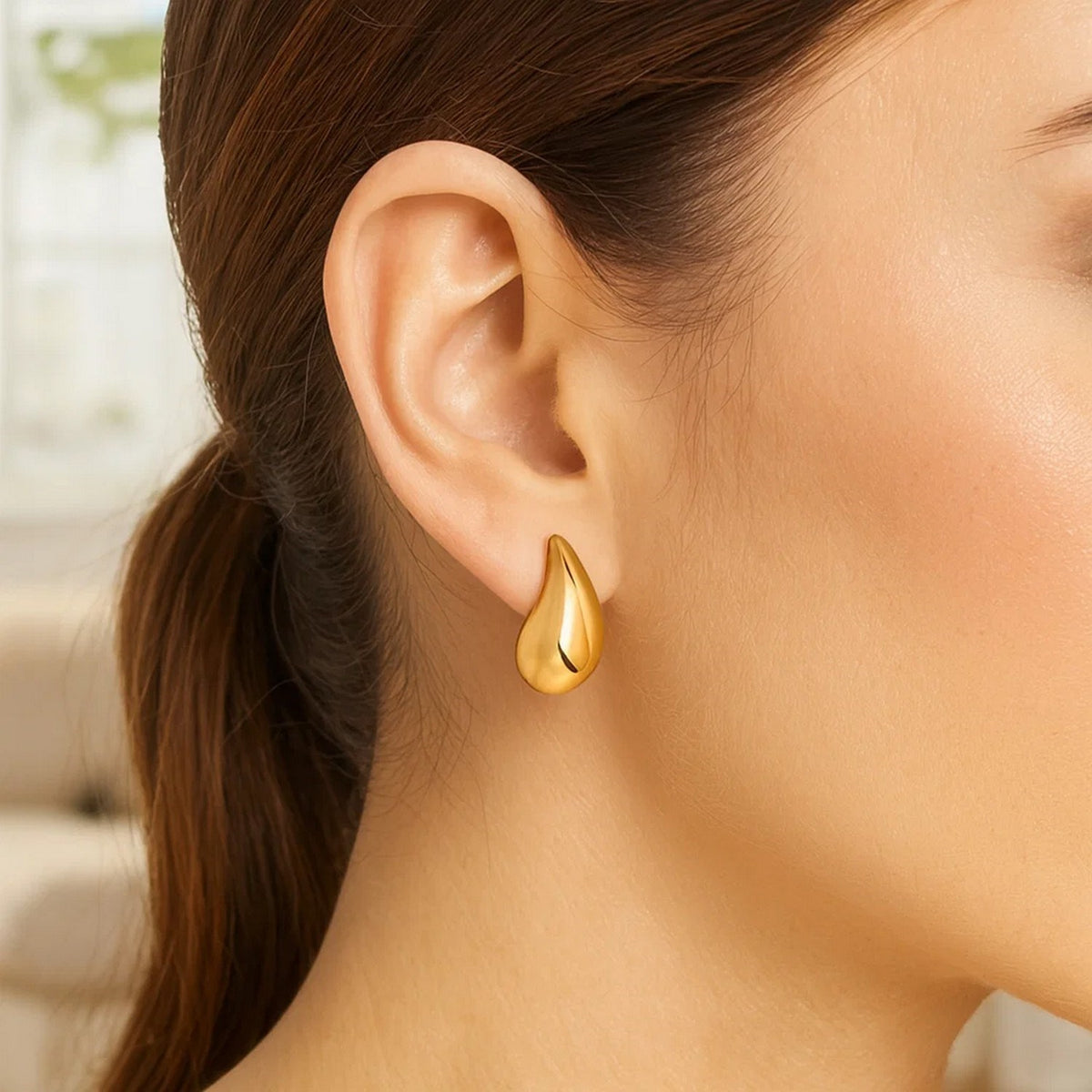 Sterling Silver Yellow Gold Plated Puffed Teardrop Earrings, view 5