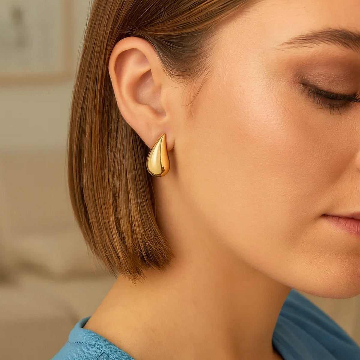 Sterling Silver Yellow Gold Plated Puffed Teardrop Earrings, view 6