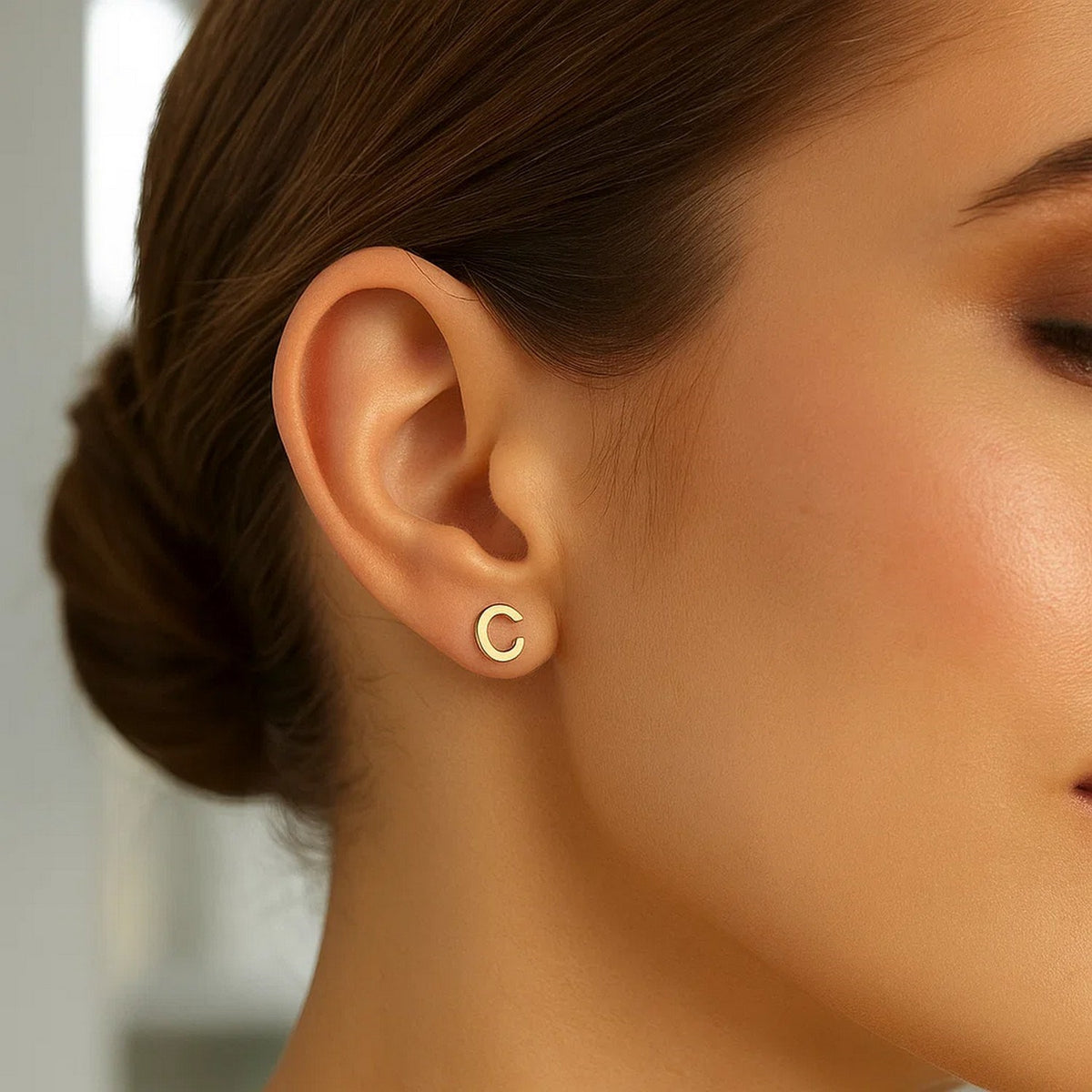 14K Yellow Gold Yours Truly Initial C Stud Earrings, view 3