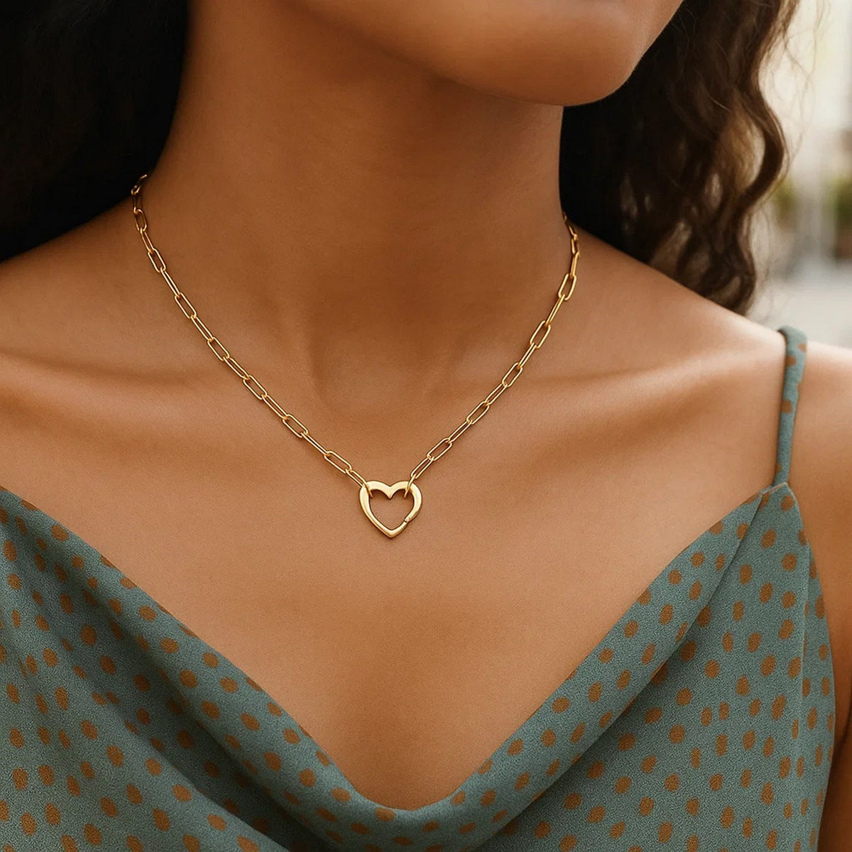 14K Yellow Gold Heart Element Paperclip Necklace, view 4