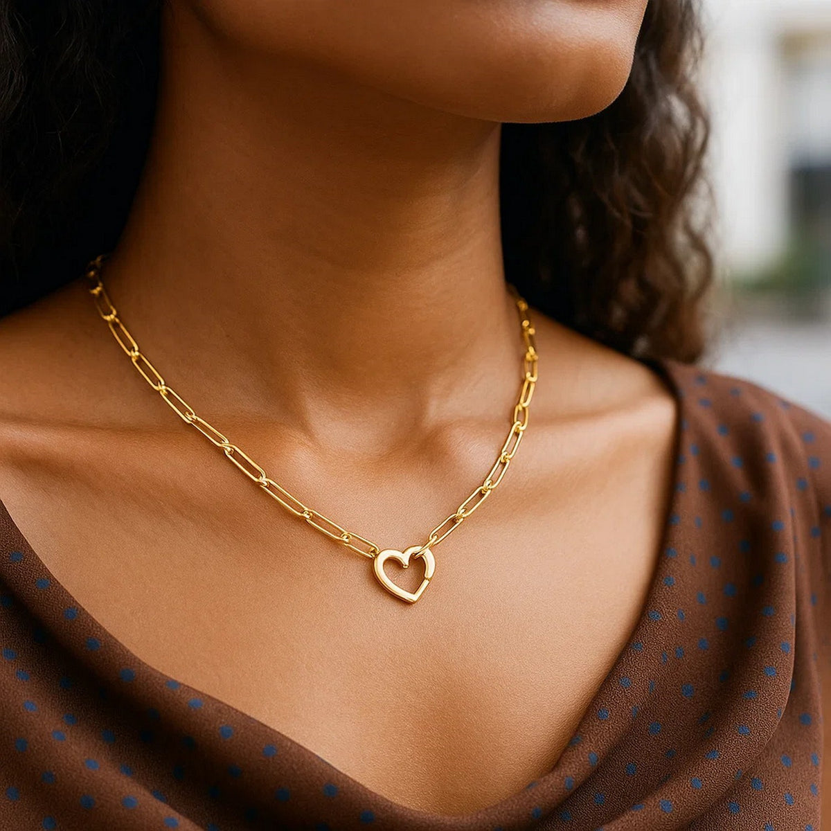 14K Yellow Gold Heart Element Paperclip Necklace, view 5