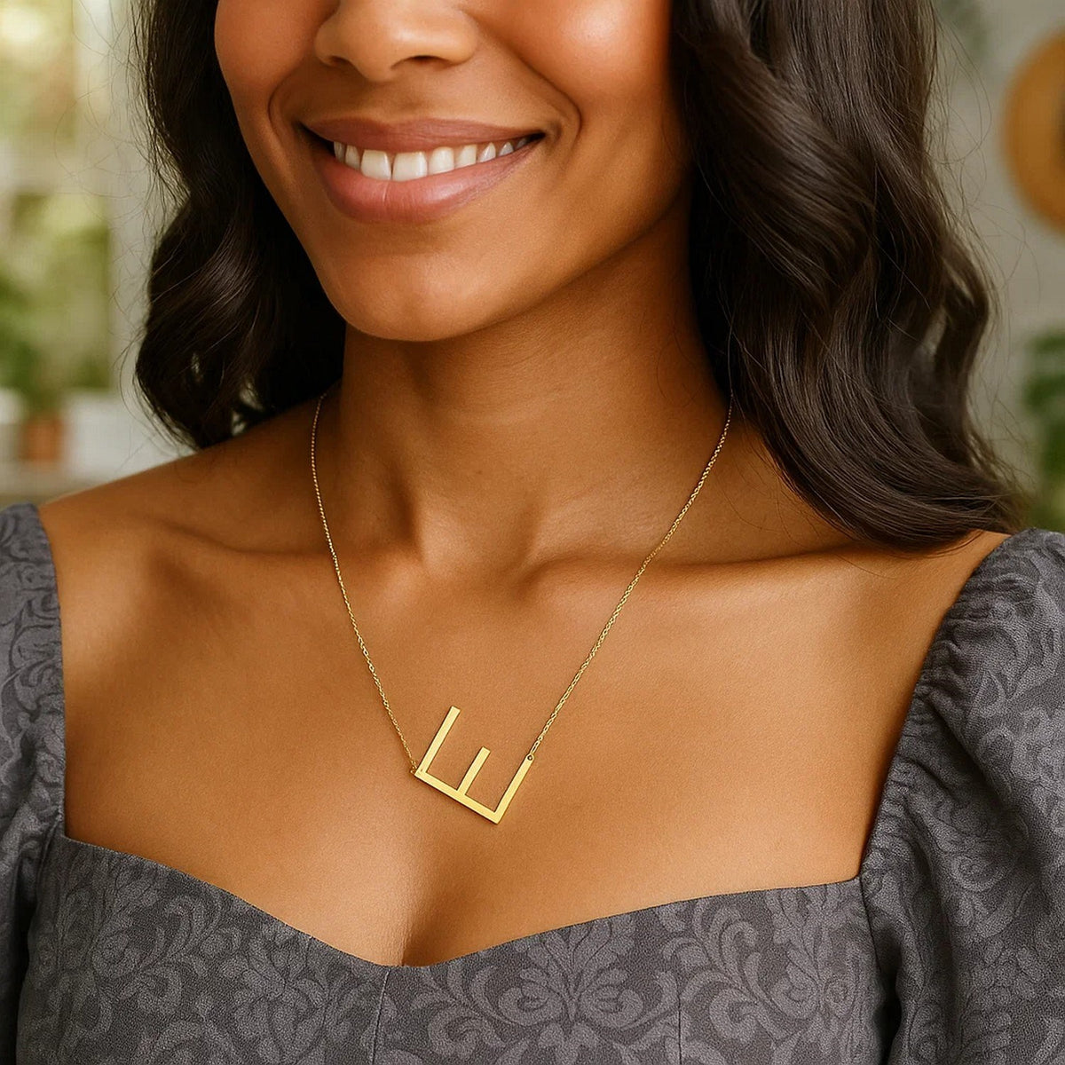 14K Yellow Gold Yours Truly Large Initial E Necklace, view 3