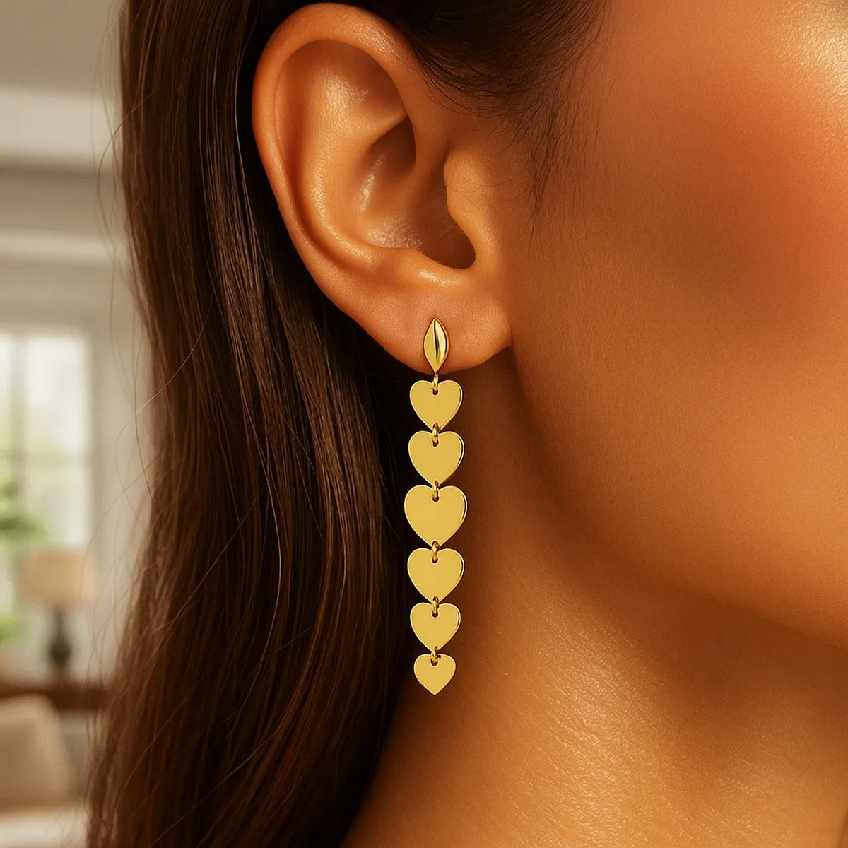14K Yellow Gold Heart Drop Earrings, view 5